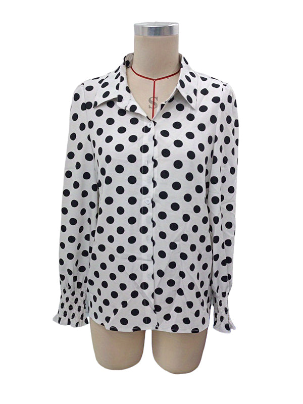 Buttoned Elasticity Polka-Dot Split-Joint Long Sleeves Loose Lapel Blouses&Shirts Tops