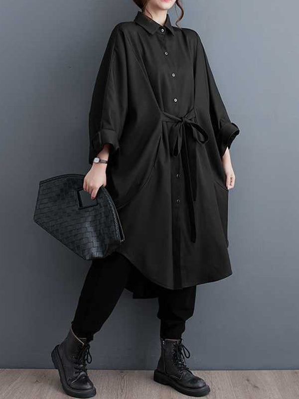 Buttoned Pleated Solid Color Split-Joint Tied Batwing Sleeves Long Sleeves Lapel Outerwear Midi Dresses