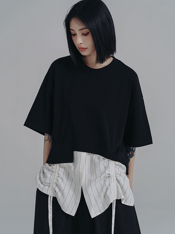 Urban Striped Drawstring Split-Joint False Two Split-Joint T-Shirt