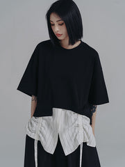 Urban Striped Drawstring Split-Joint False Two Split-Joint T-Shirt