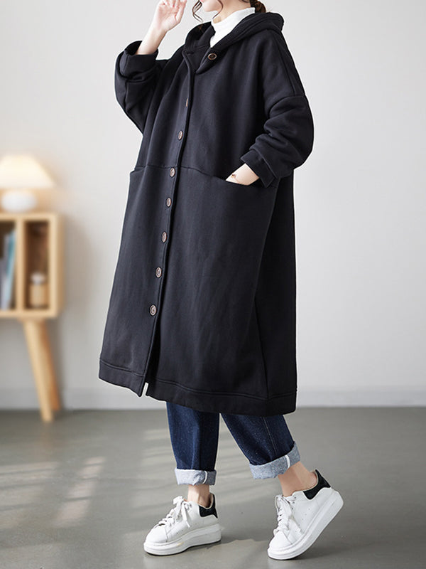 Buttoned Pockets Long Sleeves Loose Hooded Outerwear