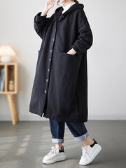 Buttoned Pockets Long Sleeves Loose Hooded Outerwear