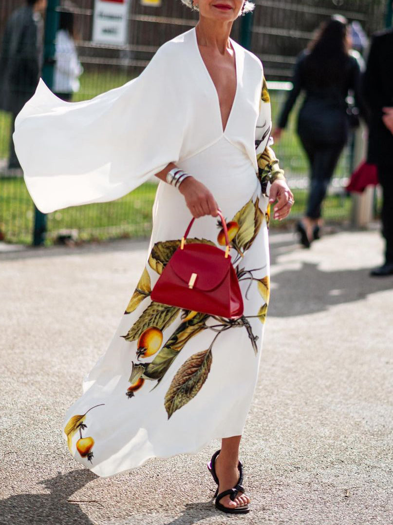 Backless Flower Print Batwing Sleeves Long Sleeves Deep V-Neck Maxi Dresses