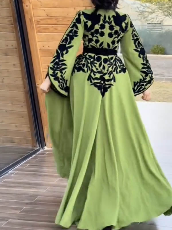 Printed Tied Waist A-line Flared Sleeves V-neck Maxi Dresses