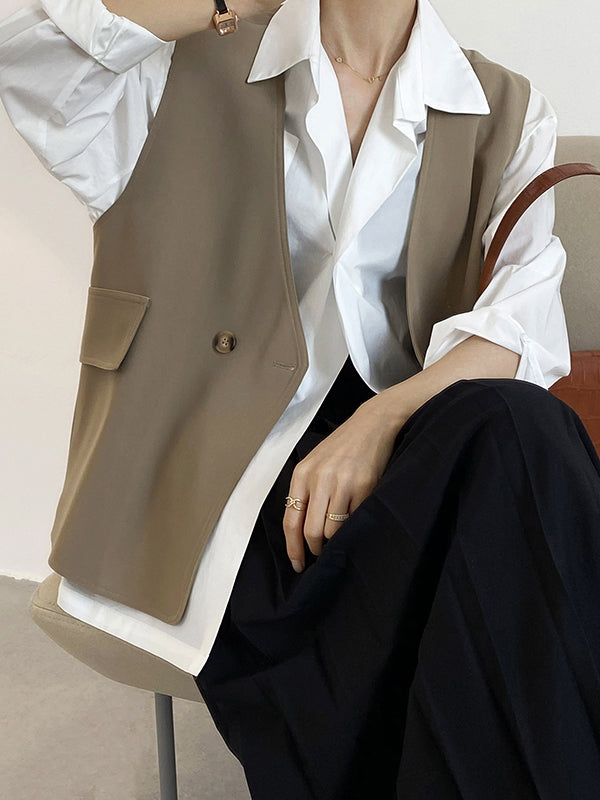Pockets Split-Joint Loose Sleeveless V-Neck Vest Top
