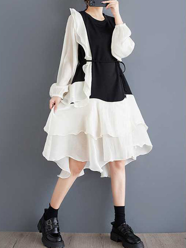 Contrast Color Ruffle Trim Split-Joint High-Low Long Sleeves Round-Neck Midi Dresses