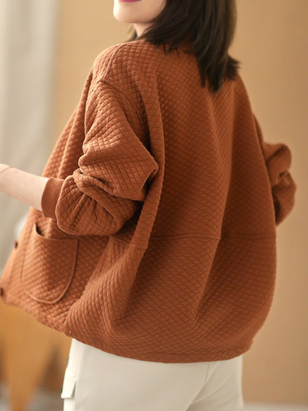 Artistic Retro Loose Long Sleeves Buttoned Solid Color Stand Collar Outerwear