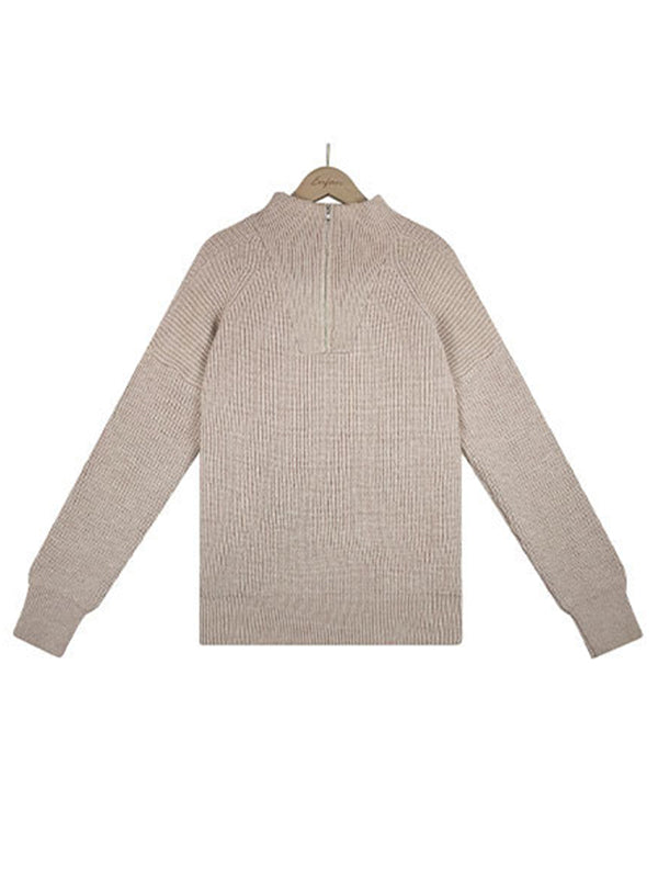 Stylish Loose Solid Color& Contrast Color Striped Lapel Collar Sweater Tops