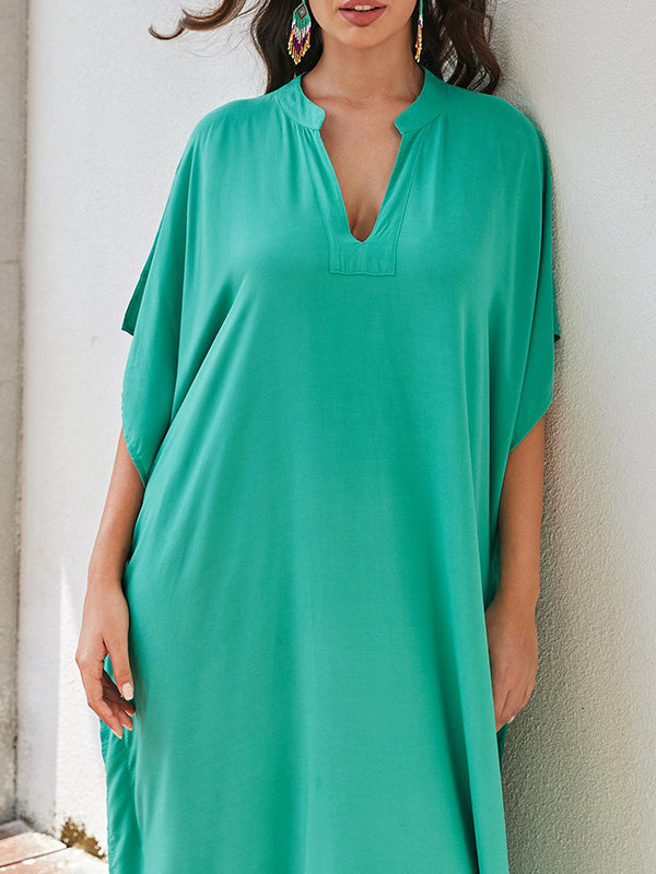 Solid Color Split-Side Sun Protection Batwing Sleeves Half Sleeves V-Neck Maxi Dresses Beach Cover-Up