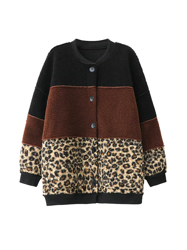 Buttoned Contrast Color Reversible Split-Joint Long Sleeves Loose Round-Neck Outerwear Cardigan Tops