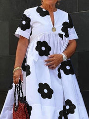 Flower Print Pleated Split-Joint A-Line Loose Round-Neck Midi Dresses