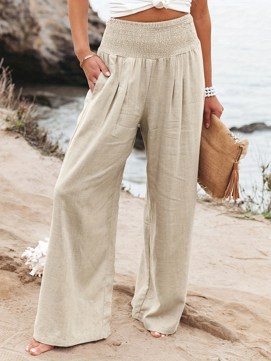 Pleated Pockets Solid Color Split-Joint Elasticated Waist High Waisted Pants