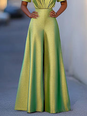 Pleated Shiny Solid Color High Waisted Loose V-neck Jumpsuits