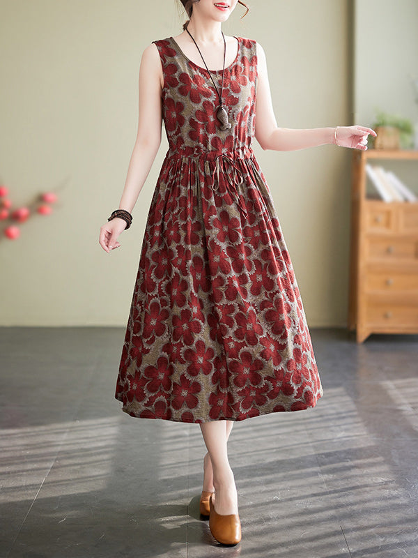 Drawstring Floral Printed Loose Oversize Round-neck Midi Dresses