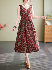 Drawstring Floral Printed Loose Oversize Round-neck Midi Dresses