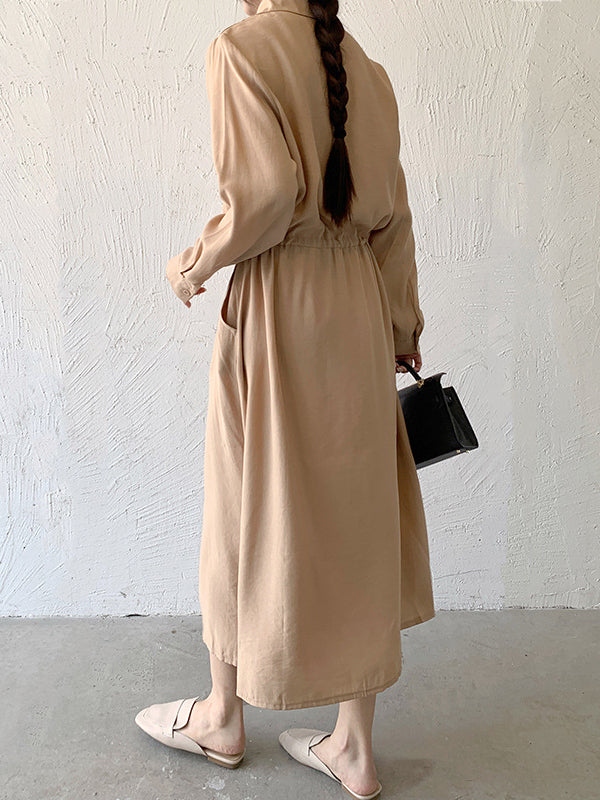 Casual A-Line Long Sleeves Bandage Solid Color Lapel Collar Shirt Midi Dresses