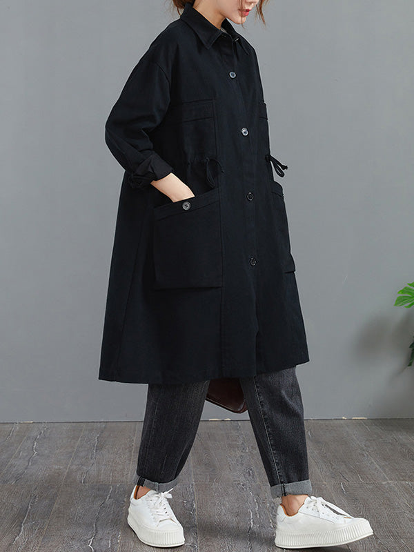 Casual Loose Solid Color Buttoned Lapel Collar Long Sleeves Trench Coat