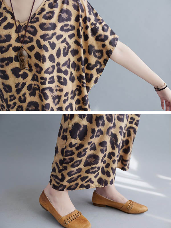 Loose Leopard V-Neck Batwing Sleeves Maxi Dress