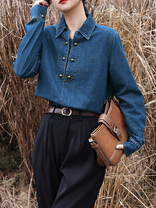Buttoned Split-Joint Long Sleeves Loose Lapel Blouses&Shirts Tops