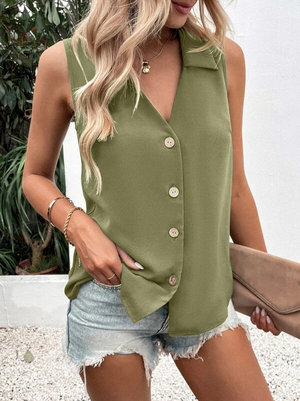 Buttoned Solid Color Split-Joint Loose Sleeveless V-neck Vest Top