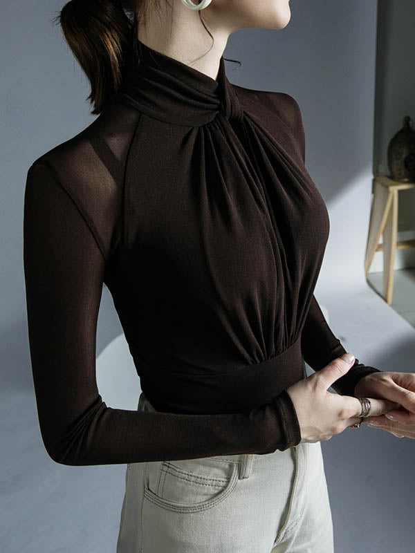 Hollow Mesh Pleated See-Through Solid Color Twist Long Sleeves Plus Size Half Turtleneck Blouses&Shirts Tops