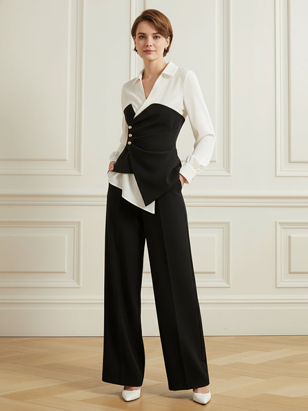 Elasticated Waist Irregularity Asymmetric Buttoned Contrast Color Split-Joint V-Neck Blouses&Shirts Tops