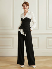 Elasticated Waist Irregularity Asymmetric Buttoned Contrast Color Split-Joint V-Neck Blouses&Shirts Tops