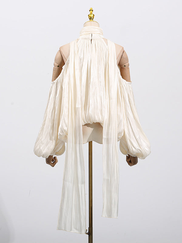 Pleated Solid Color Tied Long Sleeves Loose Halter-Neck Blouses&Shirts Tops