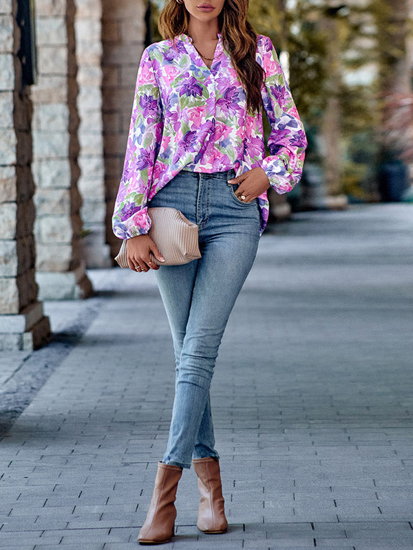 Elasticity Flower Print Long Sleeves Loose V-Neck Blouses&Shirts Tops