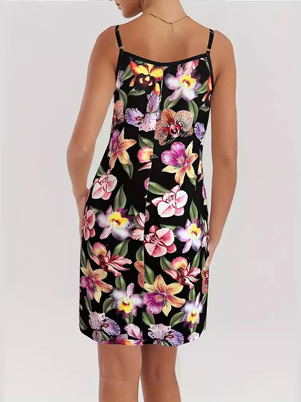 Flower Print Loose Sleeveless Spaghetti-Neck Mini Dresses
