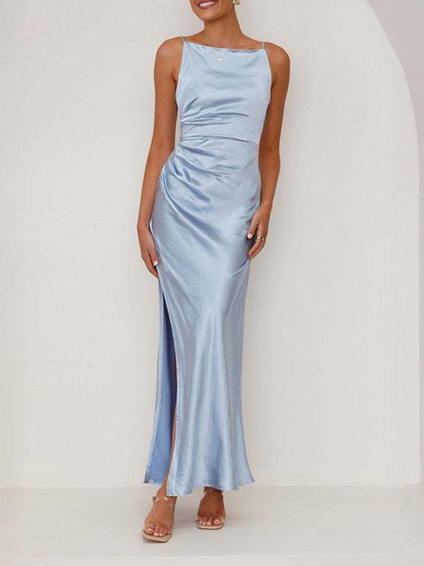 Pleated Solid Color Split-Joint Split-side Sleeveless Spaghetti-Neck Midi Dresses