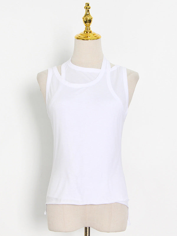 False Two Solid Color Sleeveless Vest Tops