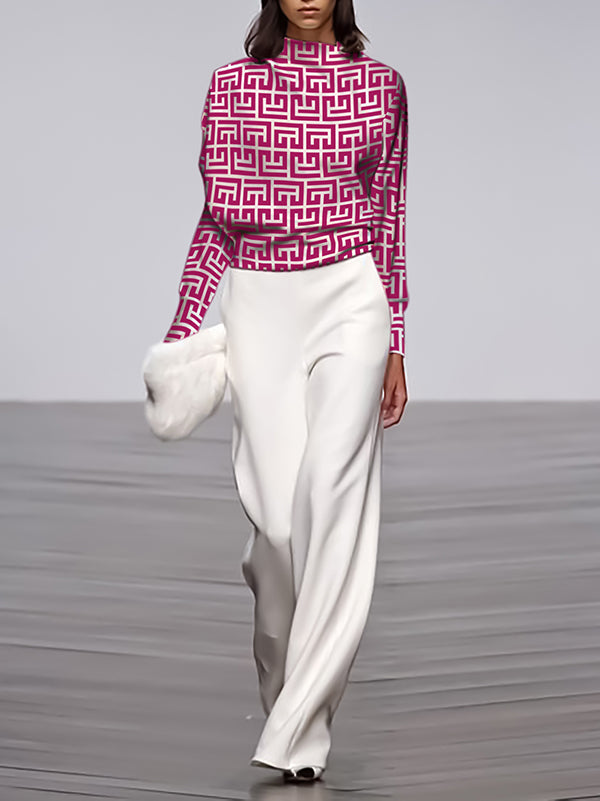 Long Sleeves Loose Geometric Printed Stand Collar T-Shirts Tops