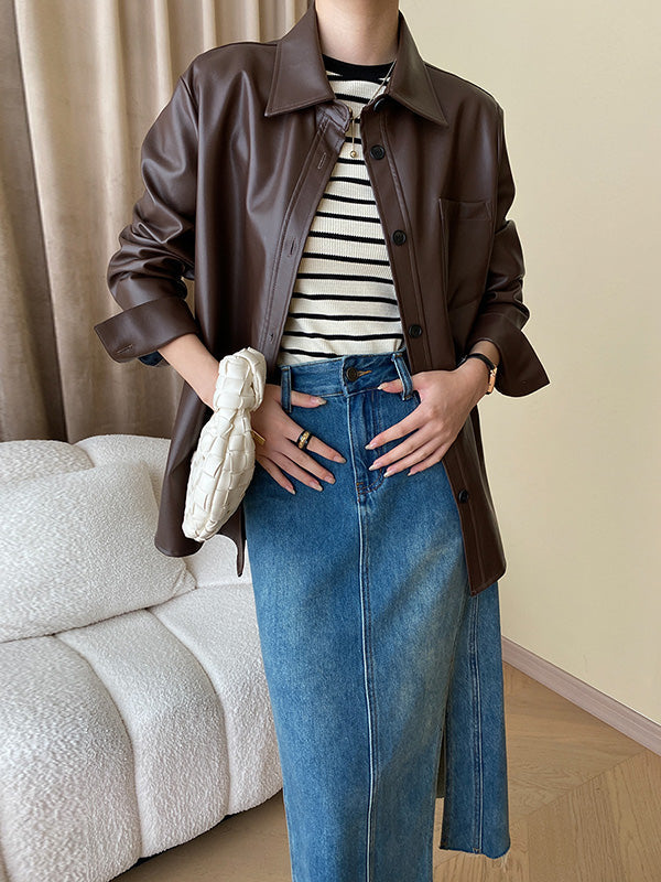 Buttoned Pockets Solid Color Long Sleeves Loose Lapel Outerwear Jackets