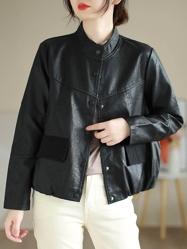 Buttoned Pleated Pockets Split-Joint Long Sleeves Loose Stand Collar Outerwear Jackets