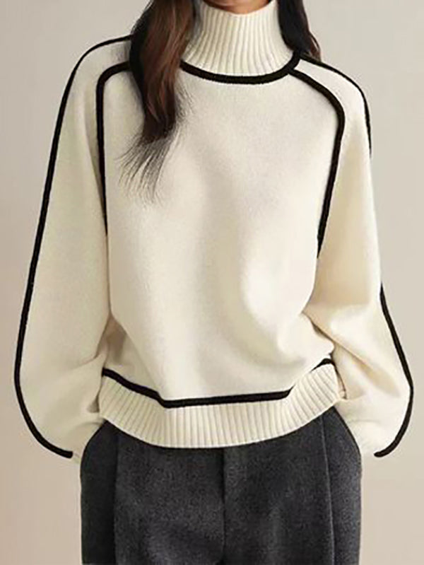 Contrast Color Split-Joint Long Sleeves Loose High Neck Sweater Tops Pullovers