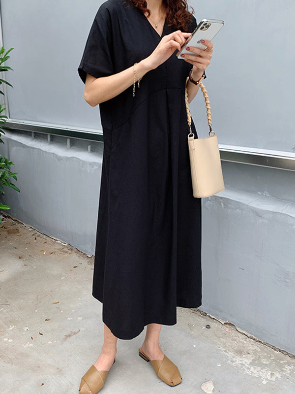 Loose Solid Color V-Neck Pleated With Pockets Midi Dresses