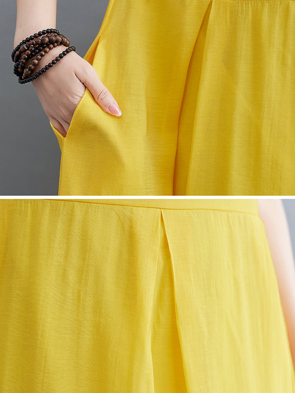 Solid Color Split-Joint Loose Short Sleeves Round-neck Midi Dresses