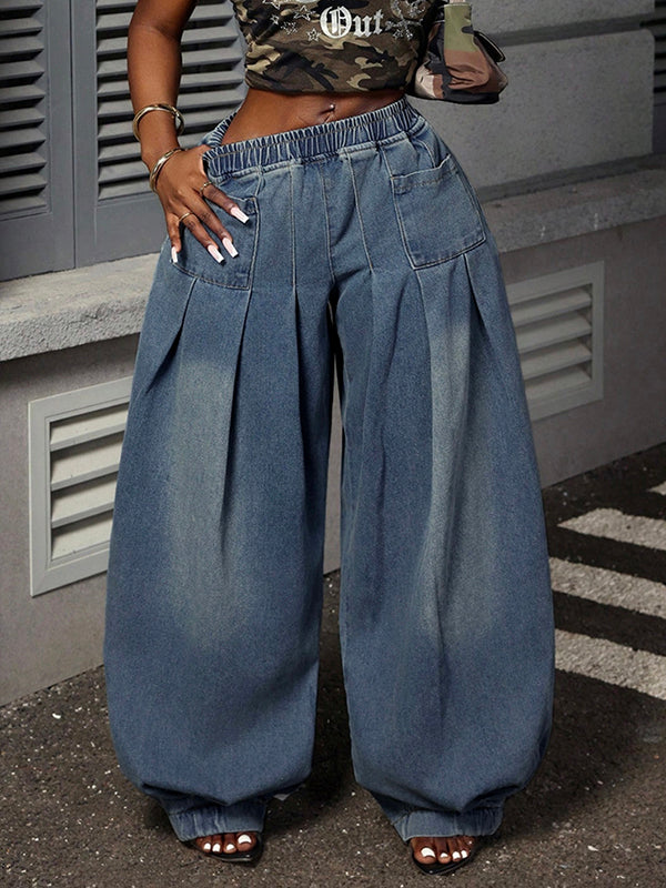 Elasticity Pockets Solid Color Loose Trousers Jean Pants Bottoms