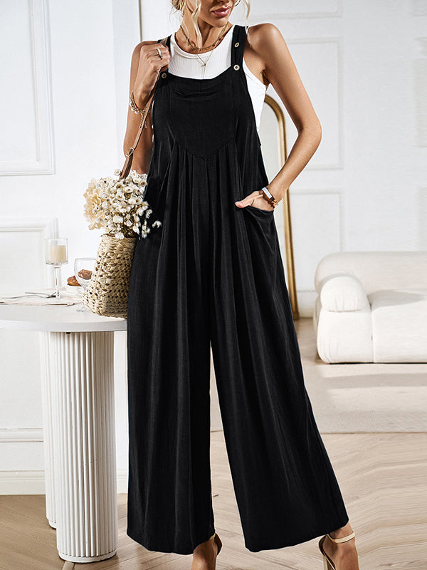 Pleated Pockets Split-Joint Loose Sleeveless Spaghetti-Neck Overalls