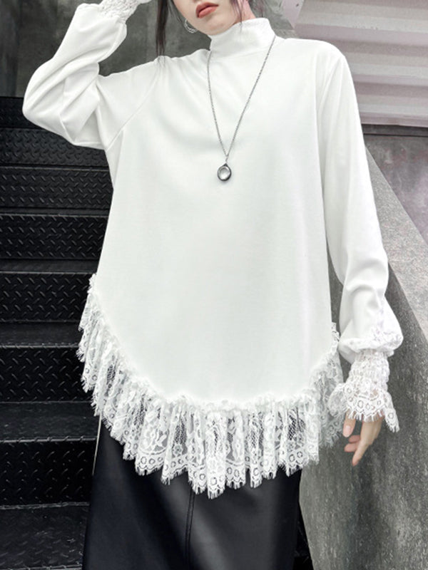 Solid Color Split-Joint Long Sleeves Loose High Neck T-Shirts Tops