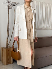 See-Through Split-Joint Tied Waist Loose Raglan Sleeve Lapel Shirt Dress Midi Dresses