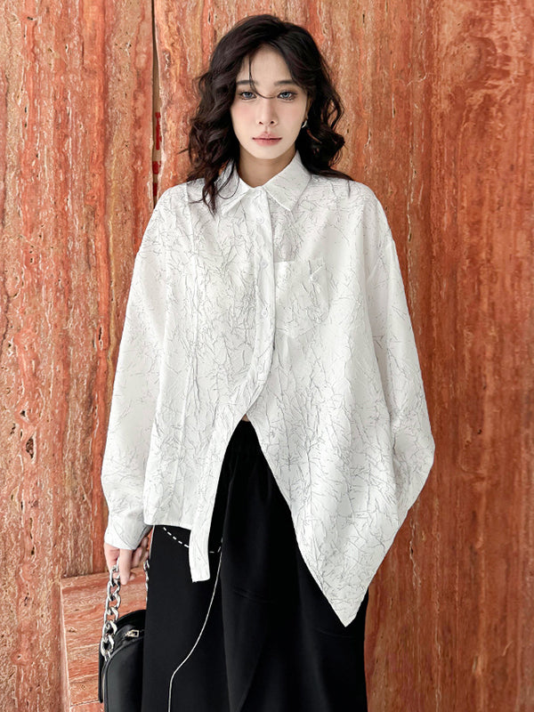 Abstract Printed Asymmetric Buttoned Wrinkled Irregularity Long Sleeves Lapel Blouses&Shirts Tops