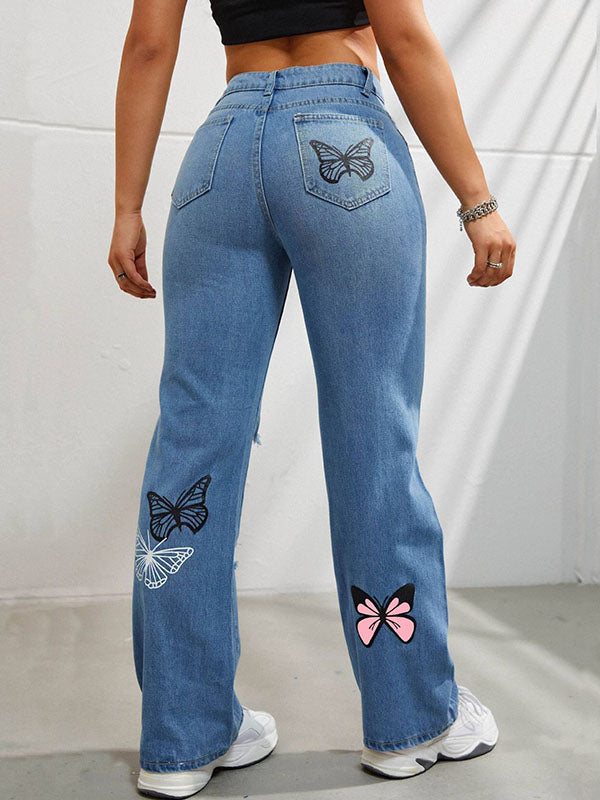 Butterfly Print Fringed Ripped Split-Joint High Waisted Jean Pants Bottoms
