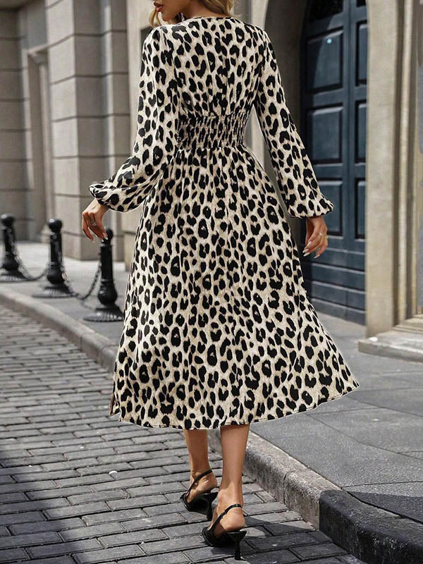 Contrast Color Leopard Pleated Split-Joint Elasticated Waist High Waisted V-Neck Maxi Dresses
