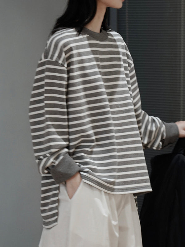 Contrast Color Split-Joint Split-side Striped Long Sleeves Loose Round-neck Sweatshirt Tops