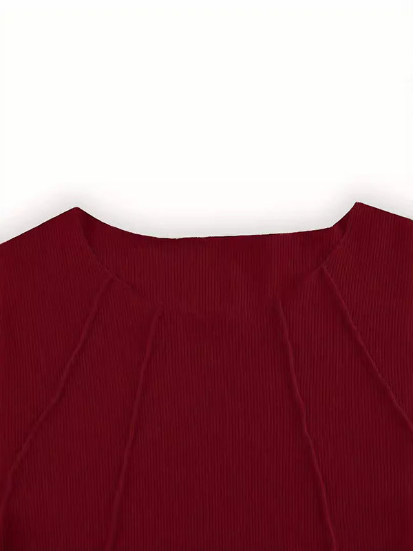 Pleated Solid Color Split-Joint Long Sleeves Skinny Round-Neck T-Shirts Tops