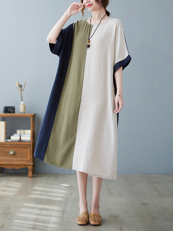 Contrast Color Half Sleeves Loose Round-neck Midi Dresses