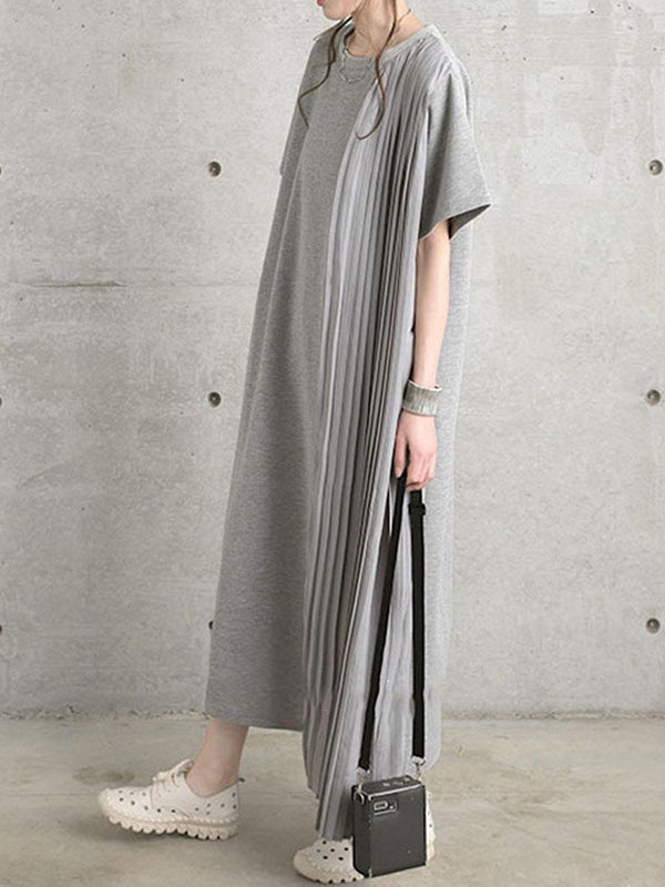 Pleated Solid Color Split-Joint Loose Short Sleeves Round-Neck Midi Dresses