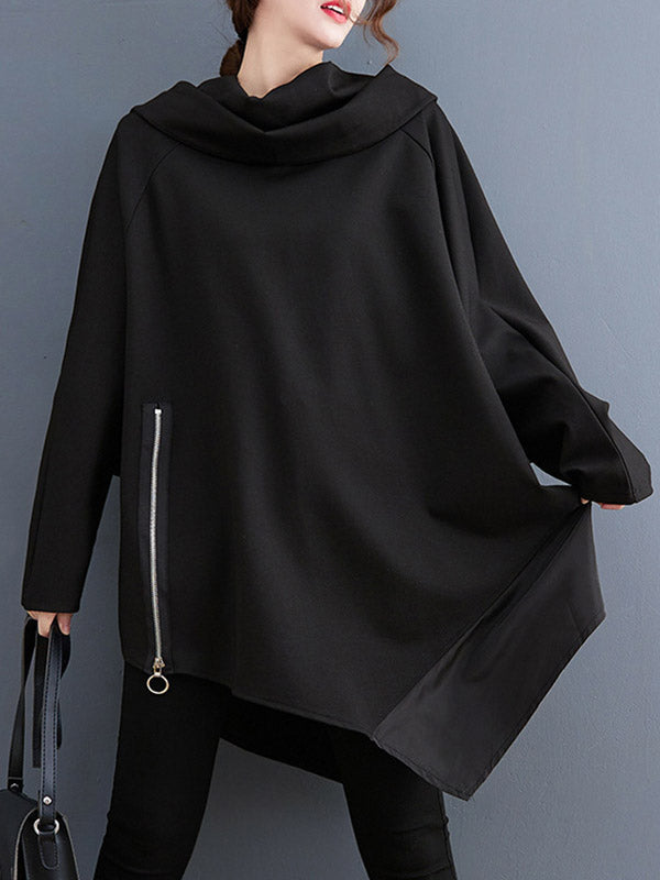 Asymmetric Split-Joint Zipper Long Sleeves Loose Heaps Collar Sweatshirt Tops